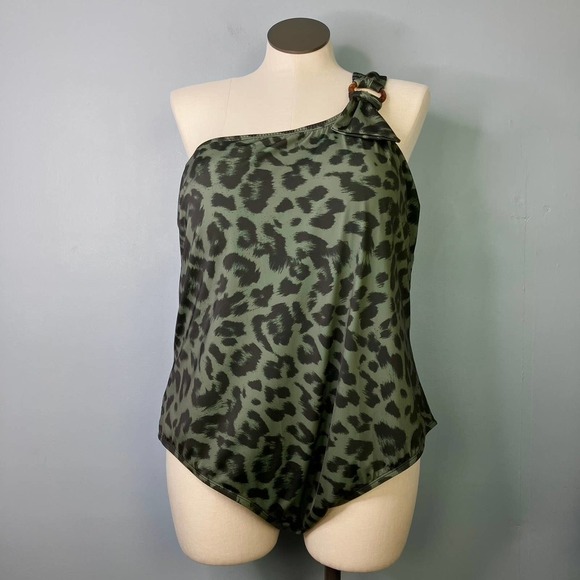 EVRI Green Black Leopard One Shoulder One Piece Swimsuit Women's Plus Size 3X - Picture 1 of 16